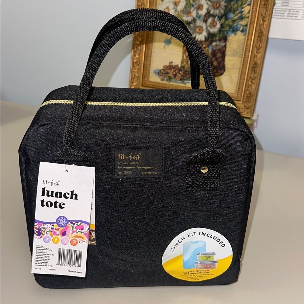 fit + fresh Bloomington Black Lunch Tote Bag w/ Handles Ice Pack & 2 Containers